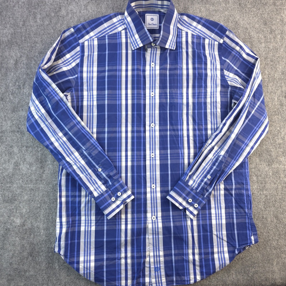 David‎ Donahue Shirt Large Blue Plaid Long Sleeve Button Up Cotton